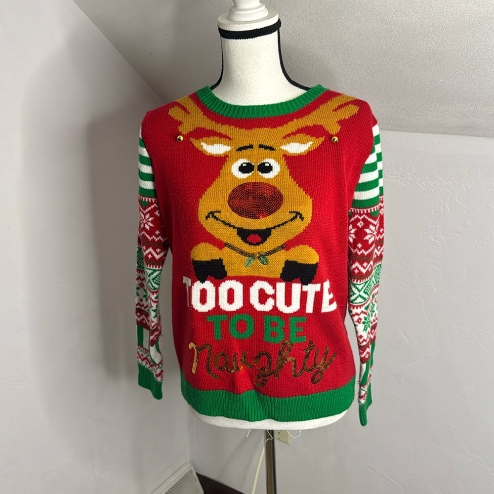 No Boundries Christmas Sweater Too Cute To Be Naughty Juniors Size Large 11-13